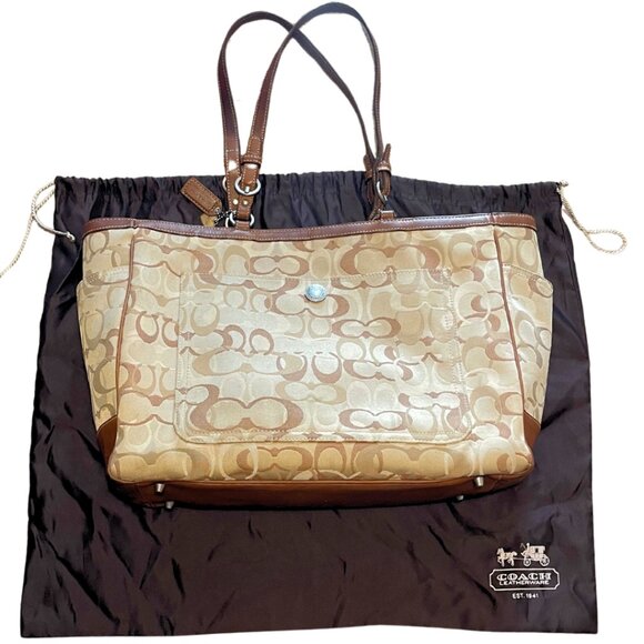 Coach Baby Bag Large Tote Zipper Top Signature Khaki Optic Print - Picture 1 of 10